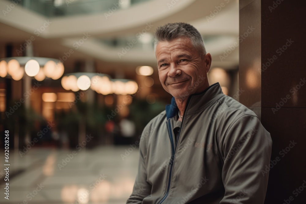 Fototapeta premium Portrait of a smiling senior man at the lobby of a modern building