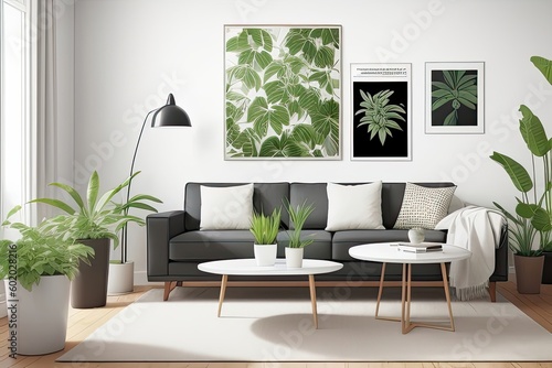 Domestic and cozy interior of living room with sofa  plants  coffee table  poster frame  side table  plant and elegant decoration wall. Home decor. Generative AI.