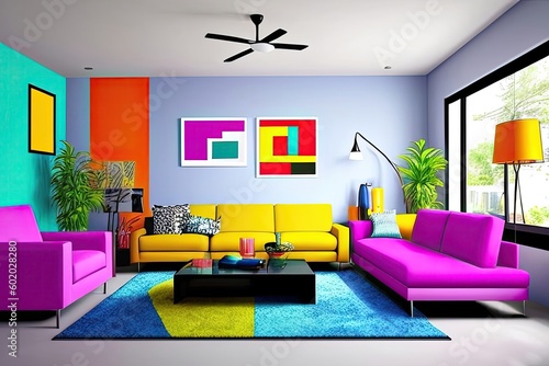 Domestic and cozy bright colored interior of living room with sofa  plants  coffee table  poster frame  side table  plant and elegant decoration wall. Home decor. Generative AI.