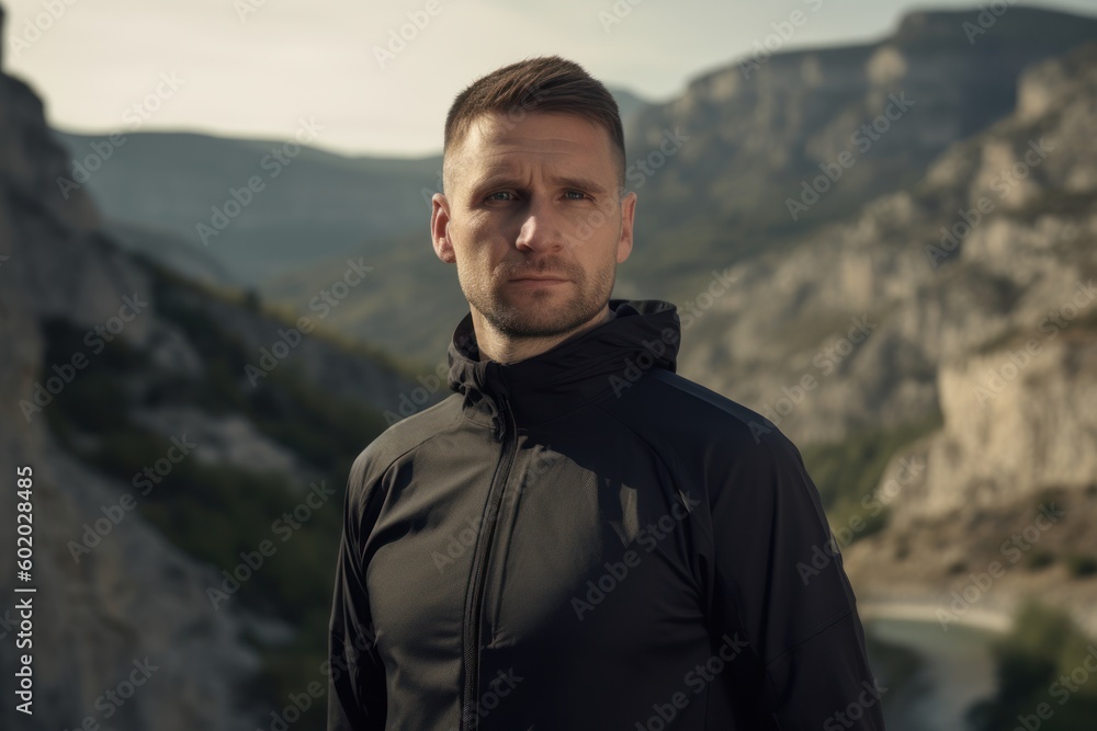 Portrait of a handsome young man in black jacket standing in the mountains Portrait of a handsome young man in black jacket standing in the mountains