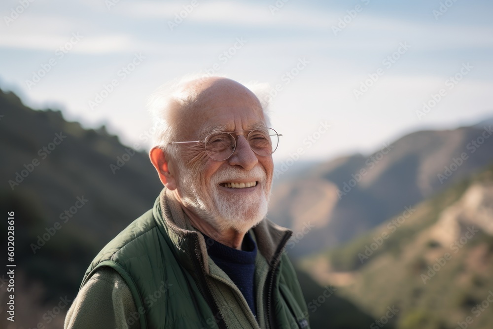 Portrait of a senior man in the mountains, looking at camera