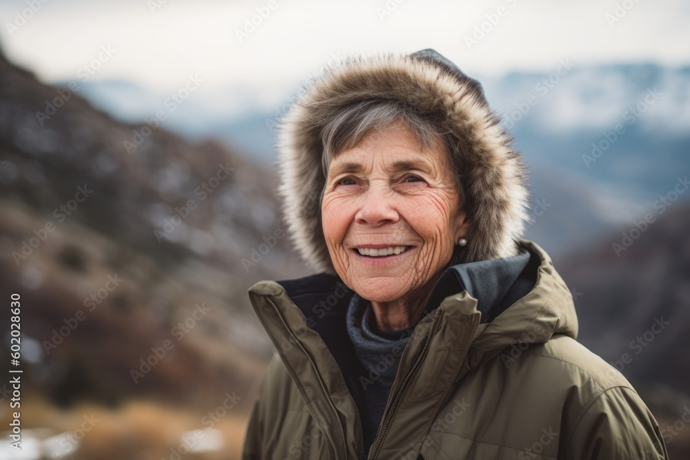 Portrait of smiling senior woman in winter jacket against snowy mountains.