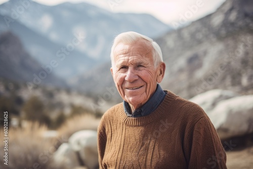 Portrait of a senior man smiling at the camera in the mountains