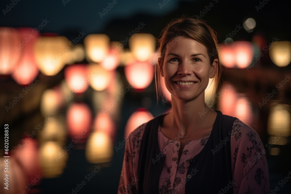 Portrait of a young woman standing in front of a floating lanterns during the Chinese New Year.