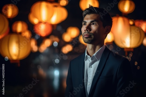 Handsome asian man in black suit with lanterns at night