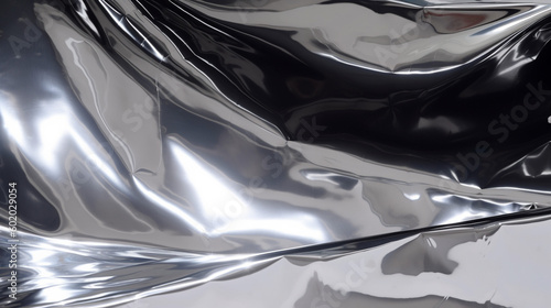 Holographic plastic wrinkled chrome foil film with contrast light reflections luxury metallic foil texture, generative ai.