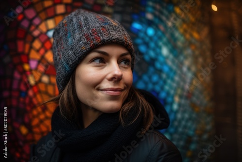 Young beautiful girl in a black hat and scarf on a background of mosaic wall.