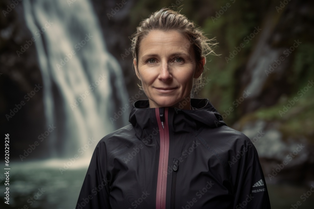 Portrait of a middle-aged woman standing in front of a waterfall Portrait of a middle-aged woman standing in front of a waterfall