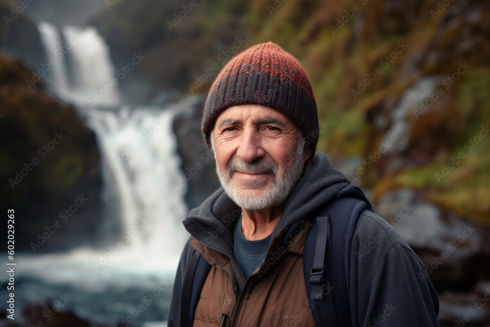 Portrait of a senior man in front of a waterfall in Iceland Portrait of a senior man in front of a waterfall in Iceland