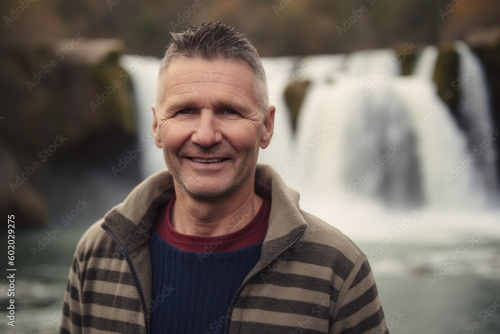 Portrait of smiling middle-aged man standing in front of waterfall Portrait of smiling middle-aged man standing in front of waterfall