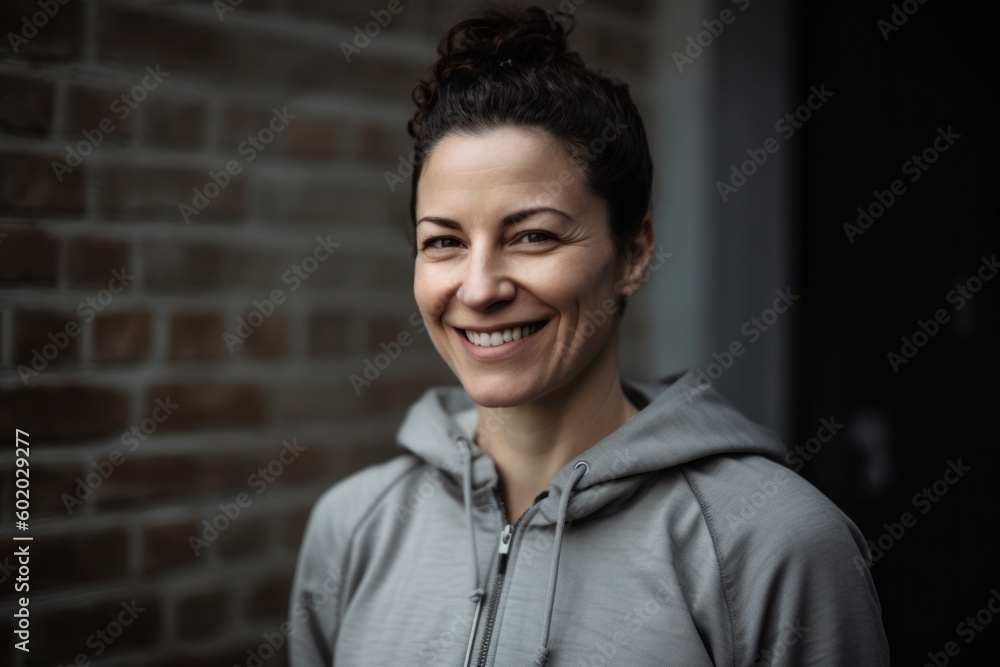 Portrait of a beautiful smiling woman in a gray hoodie. Portrait of a beautiful smiling woman in a gray hoodie.