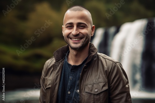 Portrait of a handsome young man standing on the background of a waterfall