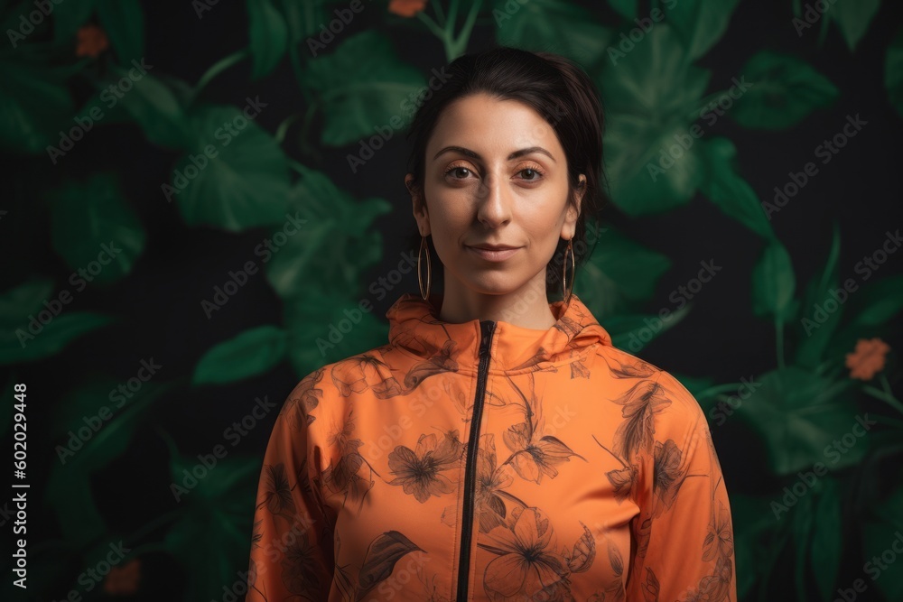 Portrait of a beautiful young brunette woman in an orange jacket on a black background Portrait of a beautiful young brunette woman in an orange jacket on a black background