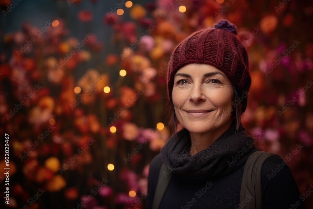 Portrait of a beautiful woman in a hat and scarf on a background of autumn leaves Portrait of a beautiful woman in a hat and scarf on a background of autumn leaves