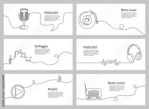Continuous one line music banners. Audio podcast, online radio, music theory lessons, media player and headphones promo vector template set