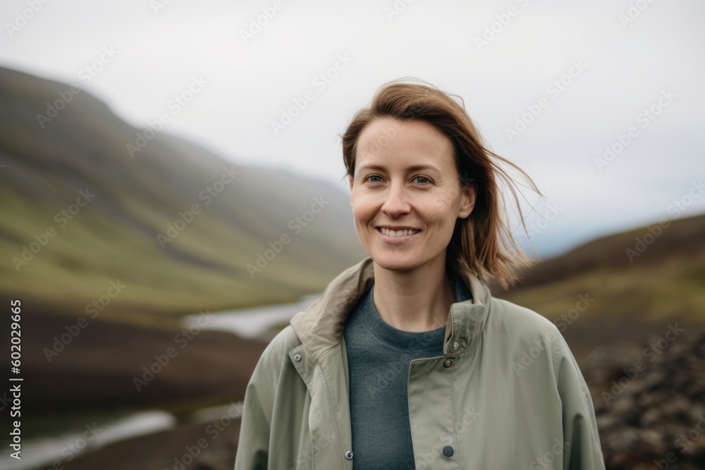 Portrait of a young woman standing in Iceland. She is smiling and looking at the camera. Portrait of a young woman standing in Iceland. She is smiling and looking at the camera.