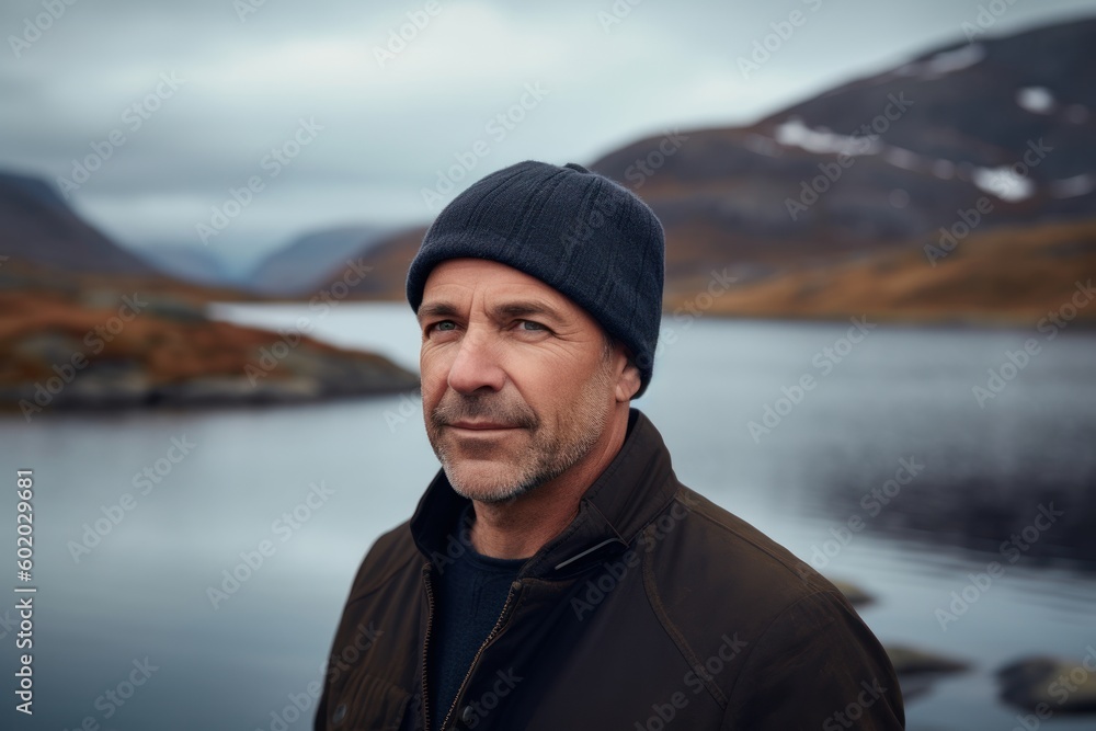 Handsome middle-aged man in a warm hat and jacket on the background of a beautiful mountain lake. Handsome middle-aged man in a warm hat and jacket on the background of a beautiful mountain lake.