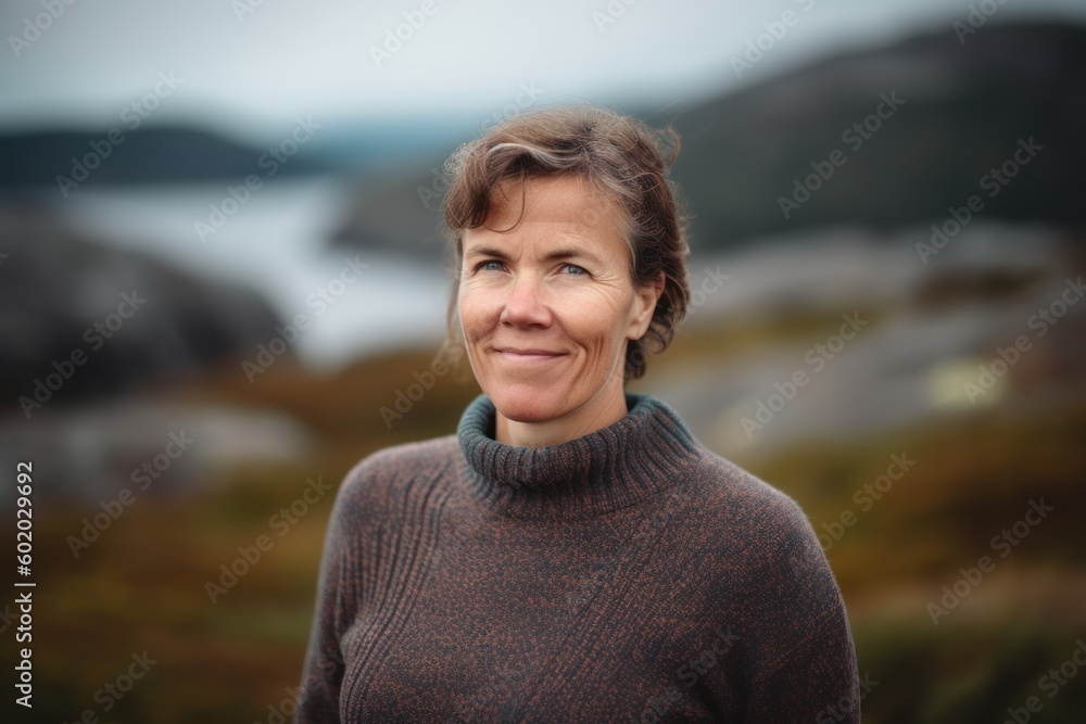 Portrait of a middle-aged woman in a sweater on a background of mountains Portrait of a middle-aged woman in a sweater on a background of mountains