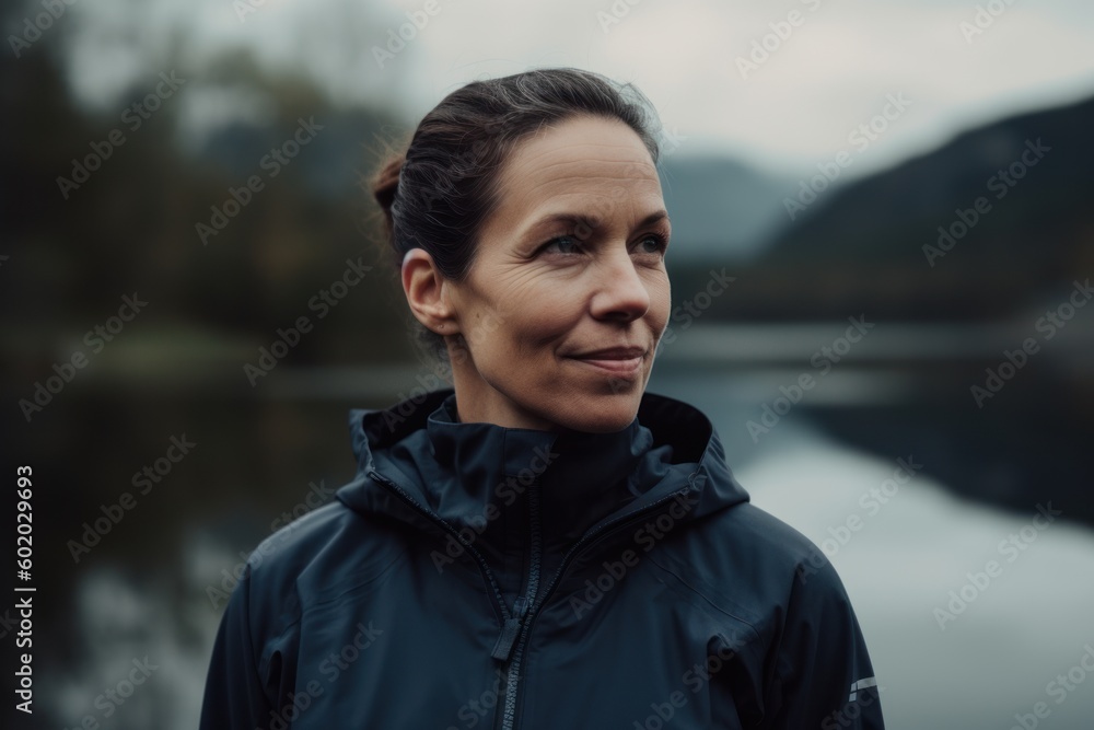 Portrait of a woman in a black jacket against the background of a lake. Portrait of a woman in a black jacket against the background of a lake.
