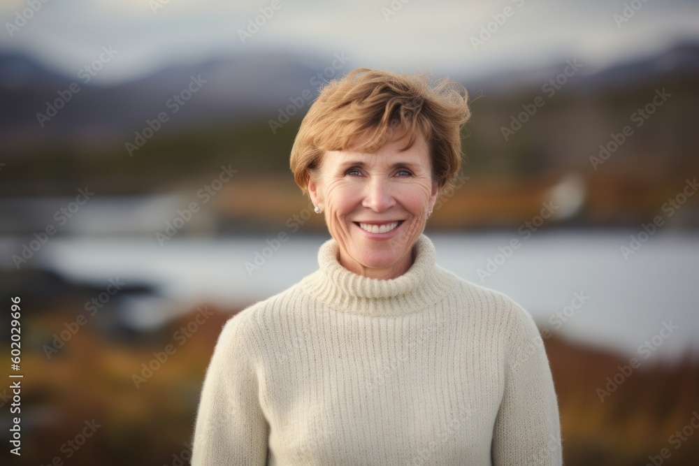 Fototapeta premium Portrait of smiling senior woman standing in front of lake during autumn