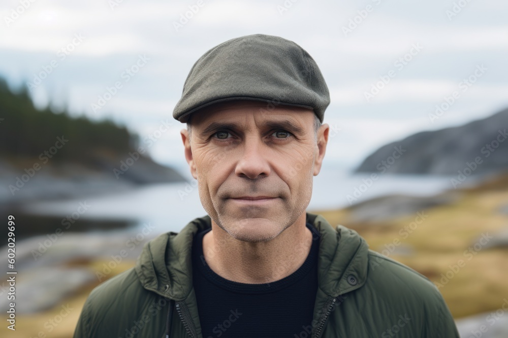 Portrait of handsome man in cap looking at camera on blurred background of mountain landscape