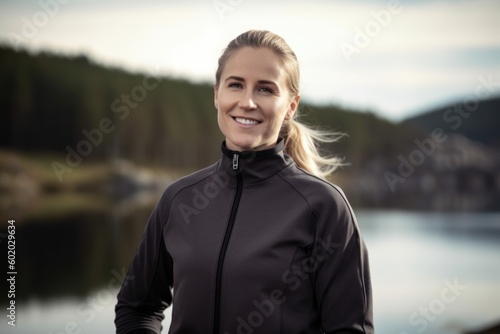 Portrait of a smiling young woman in sportswear standing in front of a lake.