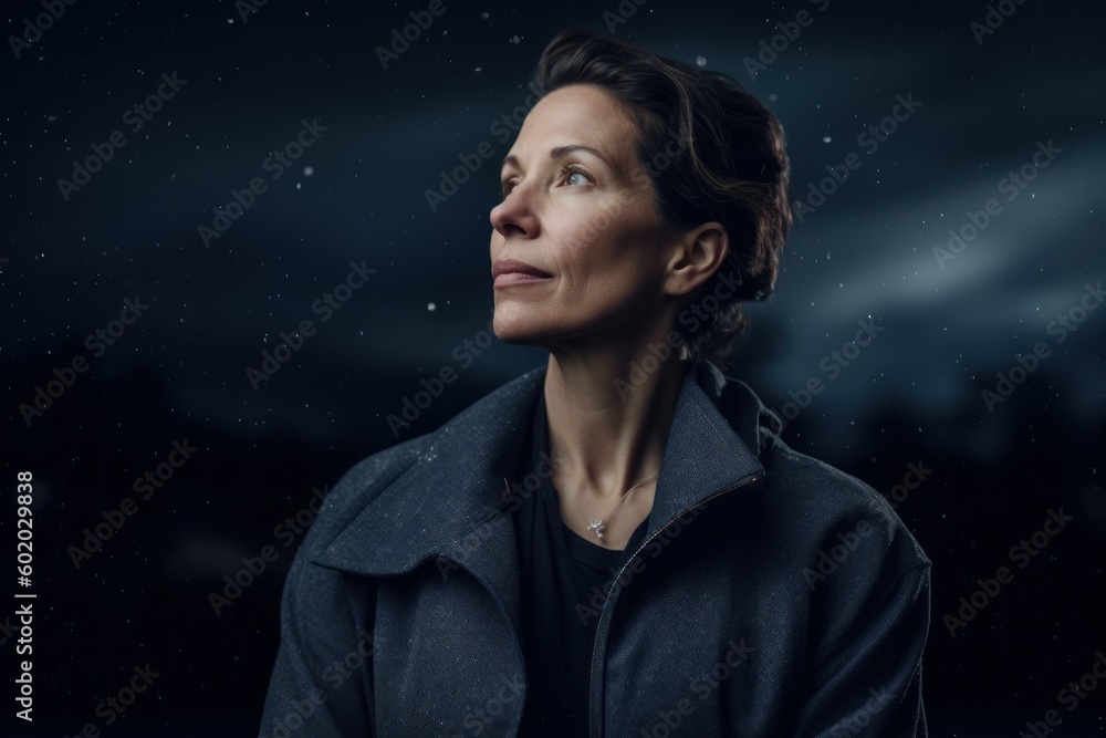 Portrait of a beautiful woman in a raincoat on a dark background Portrait of a beautiful woman in a raincoat on a dark background