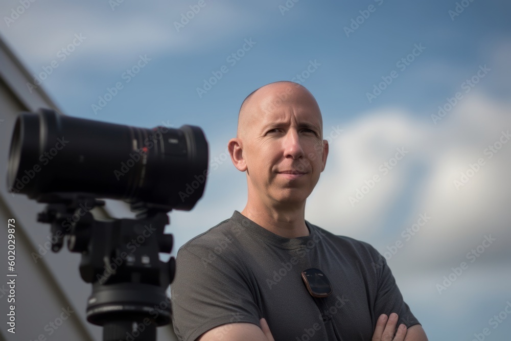 Portrait of a bald man with a camera on a tripod.