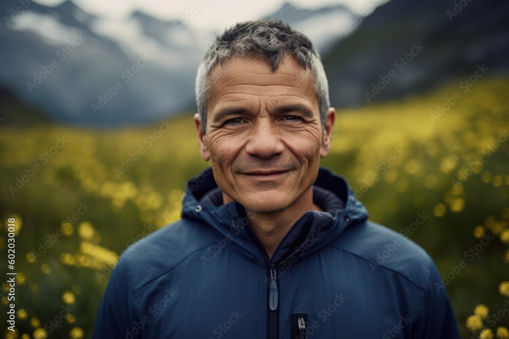 Portrait of a smiling middle-aged man in a field of yellow flowers Portrait of a smiling middle-aged man in a field of yellow flowers