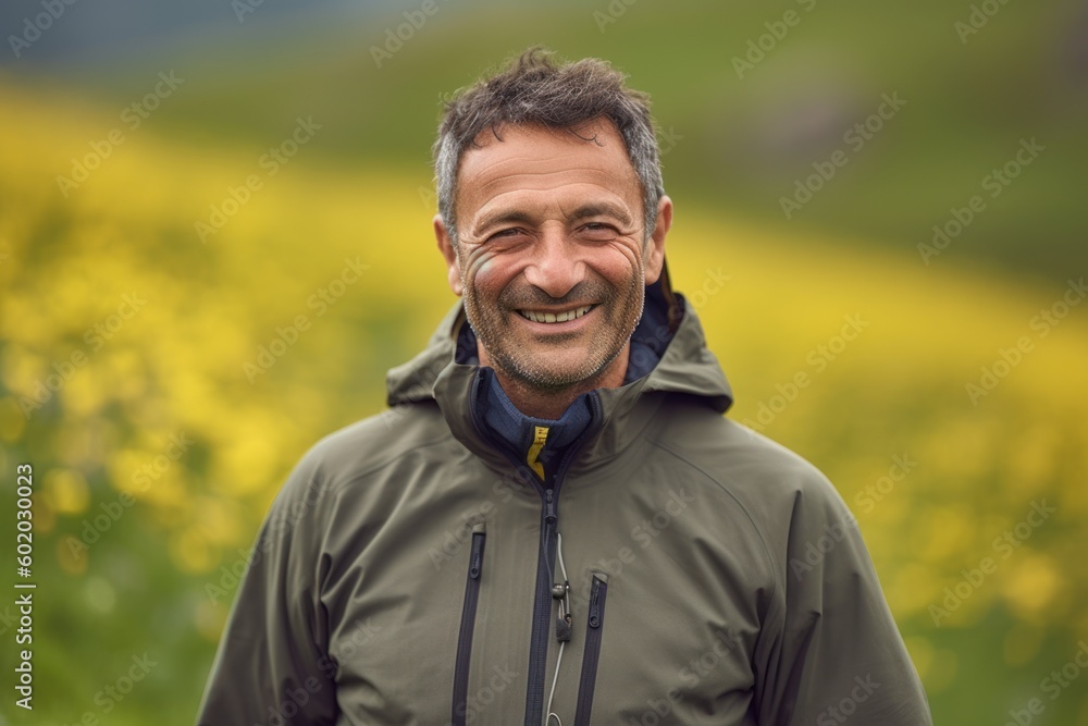 Portrait of handsome middle-aged man smiling in a field of blooming rapeseed Portrait of handsome middle-aged man smiling in a field of blooming rapeseed