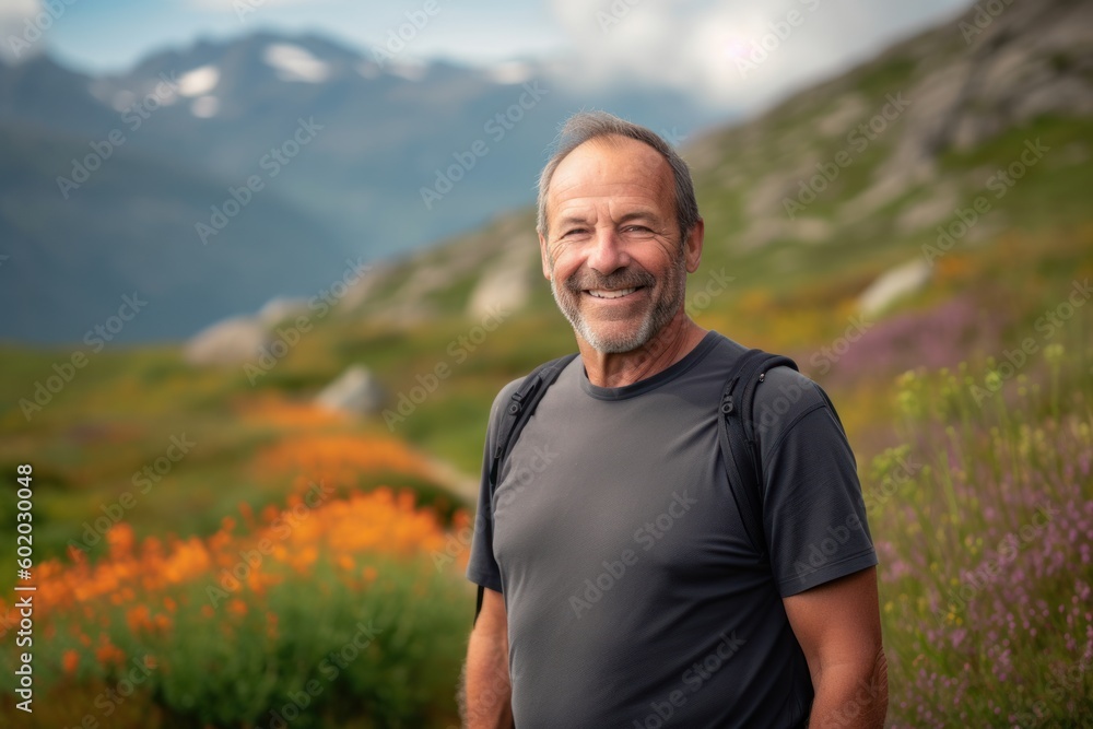 Portrait of a smiling senior man standing in front of flowers in the mountains
