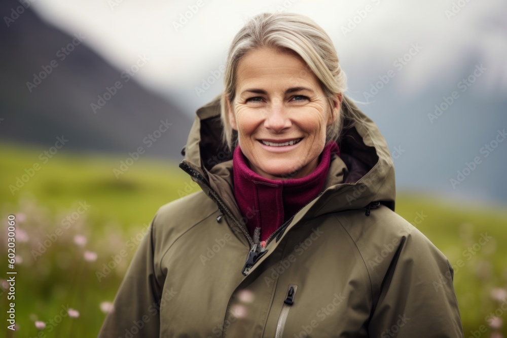 Portrait of smiling senior woman standing in field with mountain in background Portrait of smiling senior woman standing in field with mountain in background