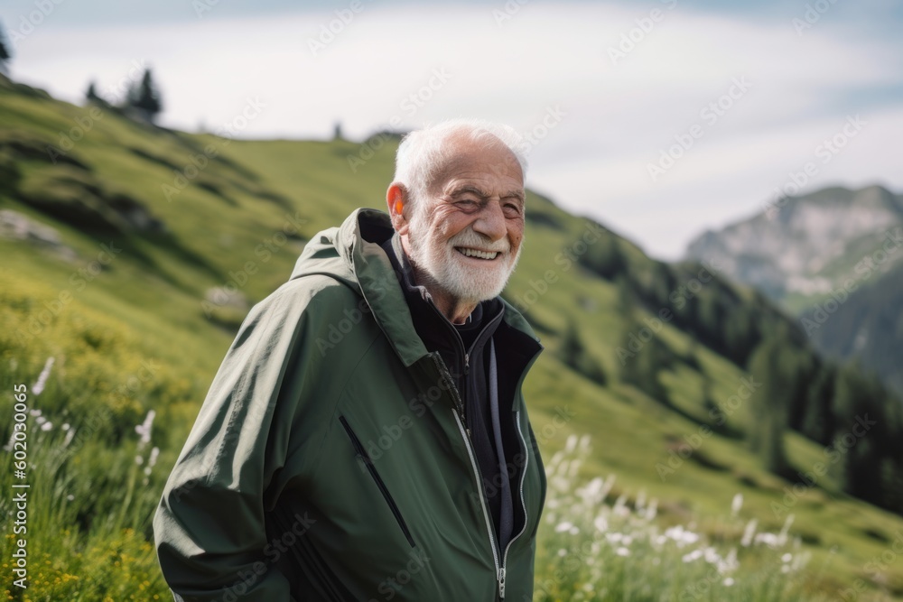 Portrait of a senior man standing in the mountains and looking at the camera