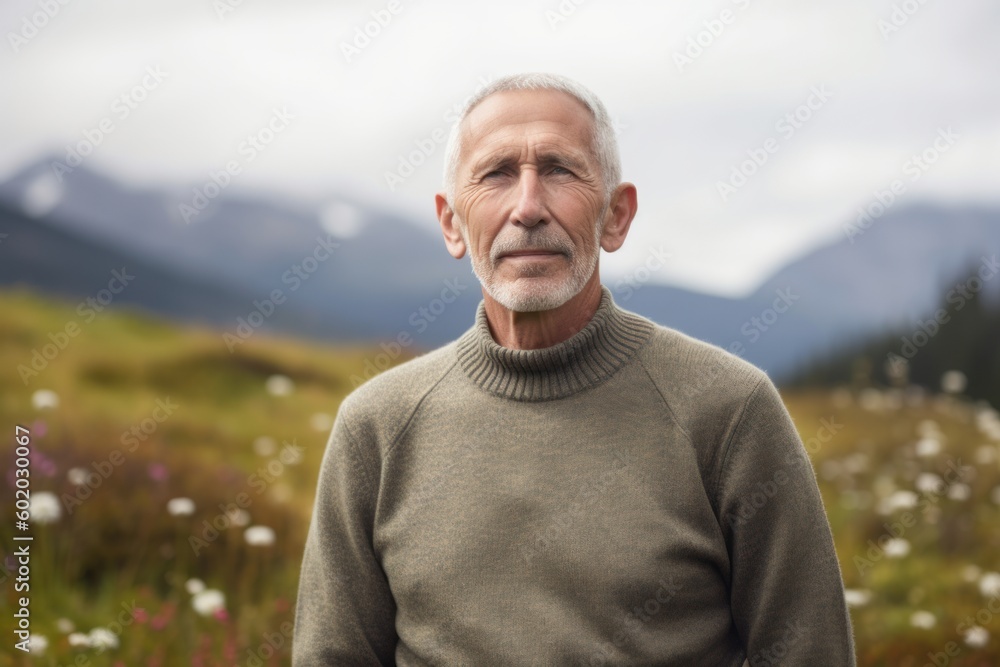 Portrait of senior man standing in the mountains on a cloudy day