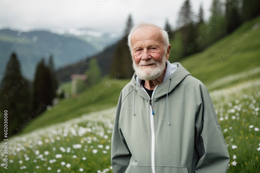 Portrait of a happy senior man standing in a meadow with flowers