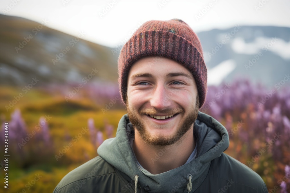 Portrait of a smiling young man standing in the middle of a field with heather flowers Portrait of a smiling young man standing in the middle of a field with heather flowers