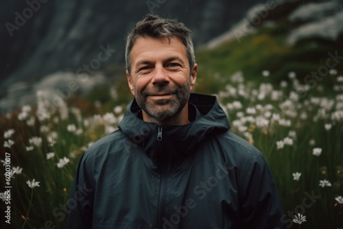 Portrait of a man in a raincoat on the background of the mountains.