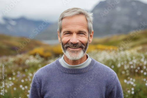 Medium shot portrait photography of a pleased man in his 50s wearing a cozy sweater against an alpine meadow or mountain wildflowers background. Generative AI