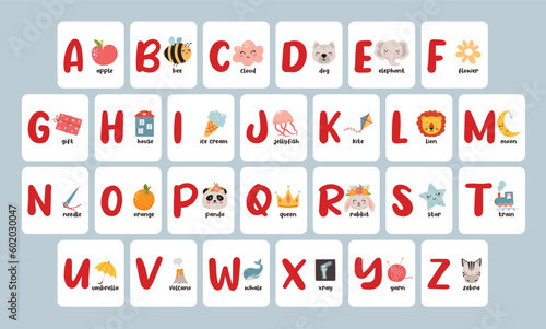 Vintage cartoon alphabet cards. Learn ABC with kids, educational poster with letters and cute illustrations for nursery and school vector clipart set