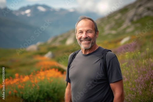 Portrait of a smiling senior man standing in front of flowers in the mountains