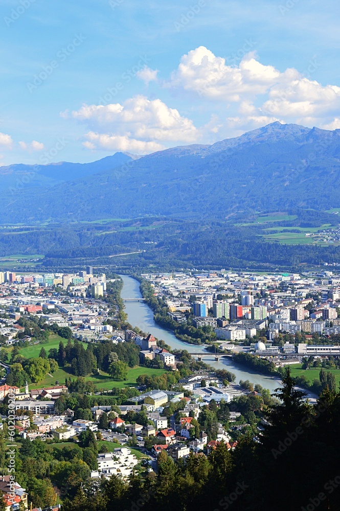 Panoramic view of Innsbruck from the top of the mountain.