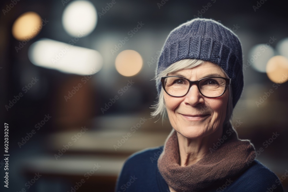 Portrait of smiling senior woman in hat and eyeglasses in cafe Portrait of smiling senior woman in hat and eyeglasses in cafe