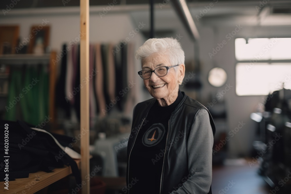 Portrait of smiling senior woman looking at camera in sportswear shop Portrait of smiling senior woman looking at camera in sportswear shop