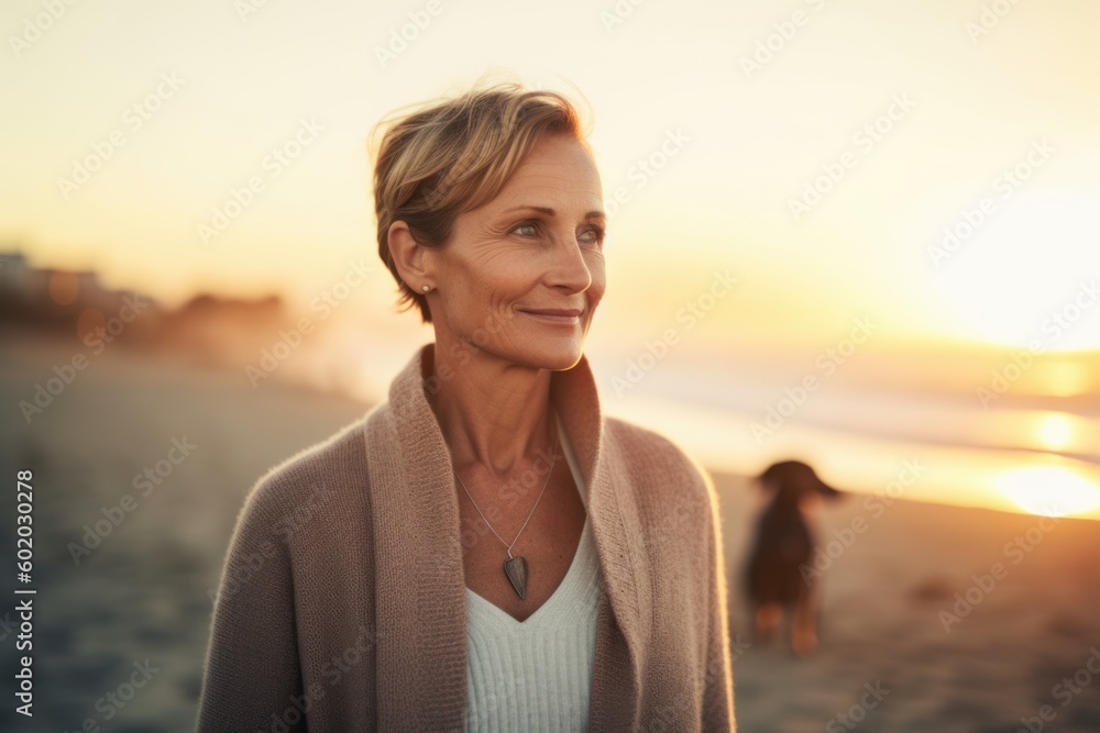 Portrait of senior woman on the beach at sunset. Mature woman looking at camera.