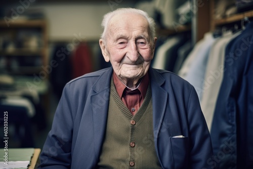 Portrait of an elderly man in a clothing store. Toned.