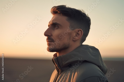 Side view of a handsome young man looking away while standing outdoors at sunset