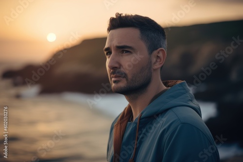 Portrait of a handsome young man standing on the beach at sunset