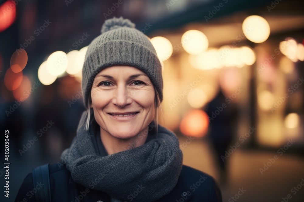 Portrait of a smiling woman in a hat and scarf on a city street Portrait of a smiling woman in a hat and scarf on a city street