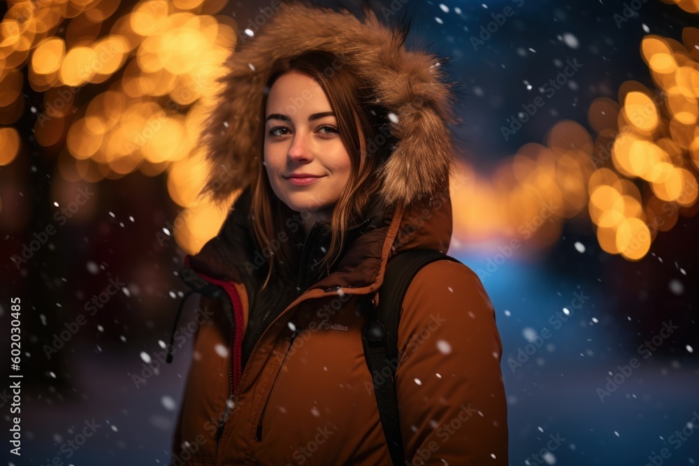 Young woman in warm clothes walking on a snowy city street at night. Young woman in warm clothes walking on a snowy city street at night.