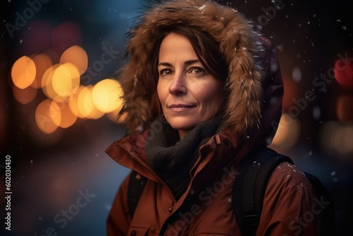 portrait of a woman in winter coat on the street at night